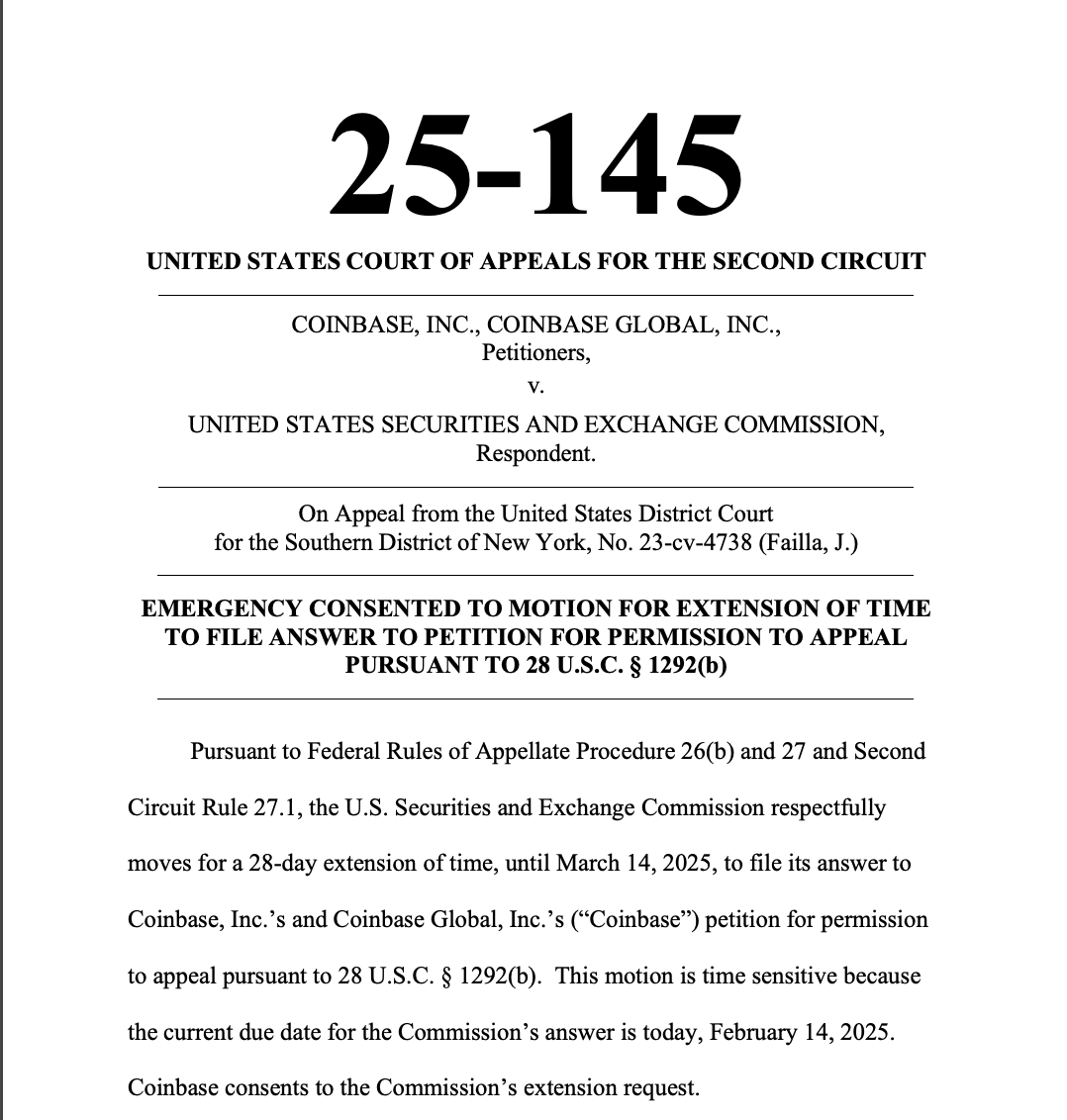 Coinbase Vs SEC: US Regulator Requests 28-Day Deadline Extension On Petition Response | Bitcoinist.com Coinbase Vs SEC: US Regulator Requests 28-Day Deadline Extension On Petition Response | Bitcoinist.com